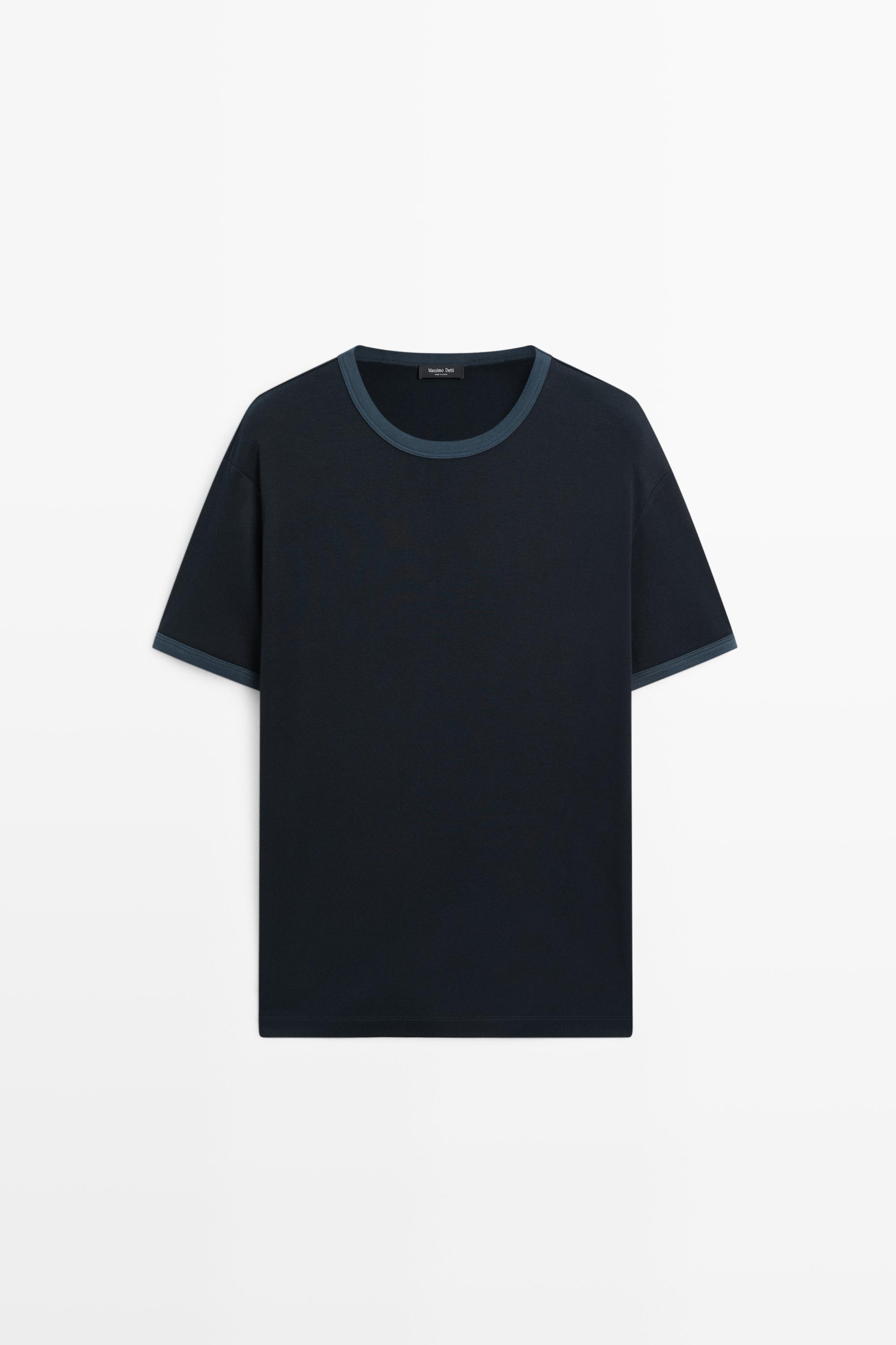 Хлопковая футболка с контрастным вырезом — Massimo Dutti