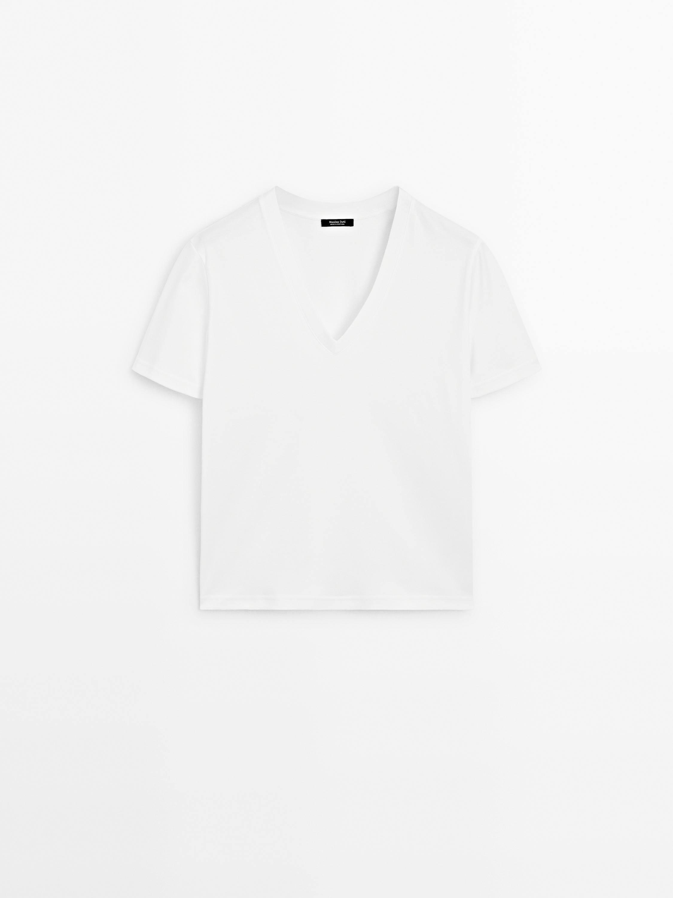 Футболка из интерлока из 100% хлопка с V-образным вырезом — Massimo Dutti