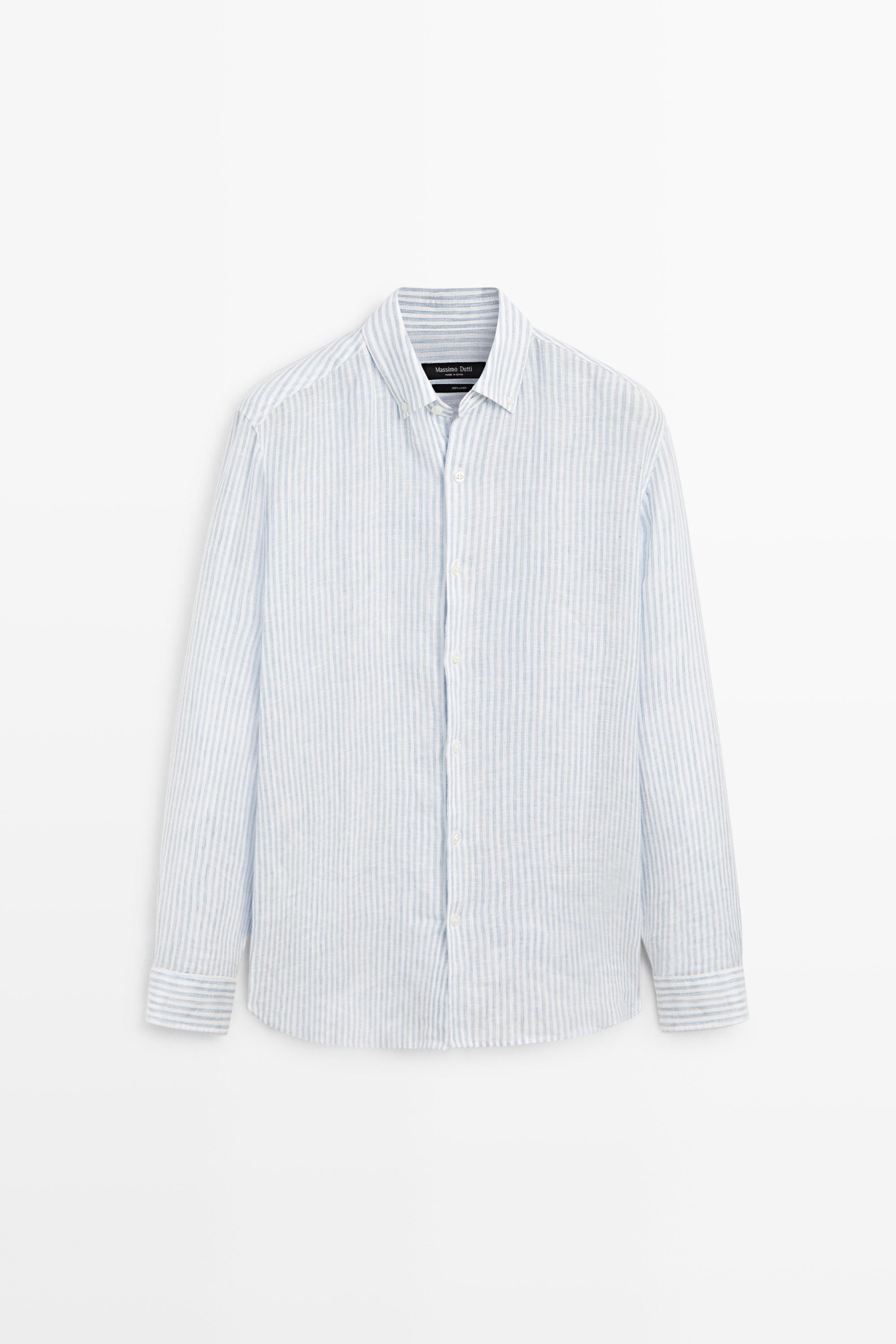 Льняная рубашка классического кроя в полоску — Massimo Dutti