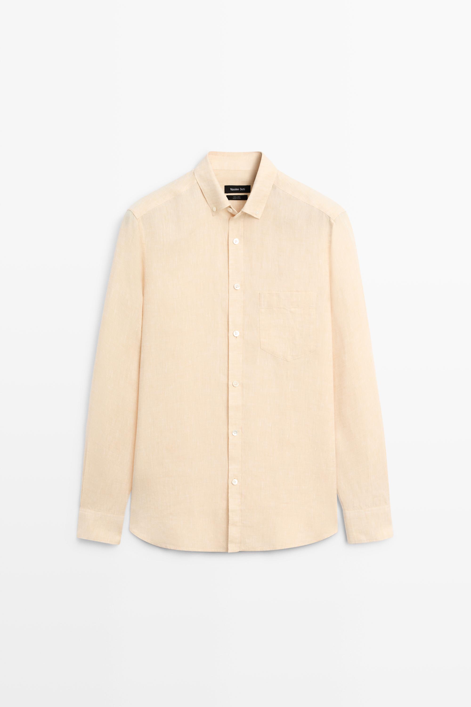 Льняная рубашка классического кроя с карманом — Massimo Dutti