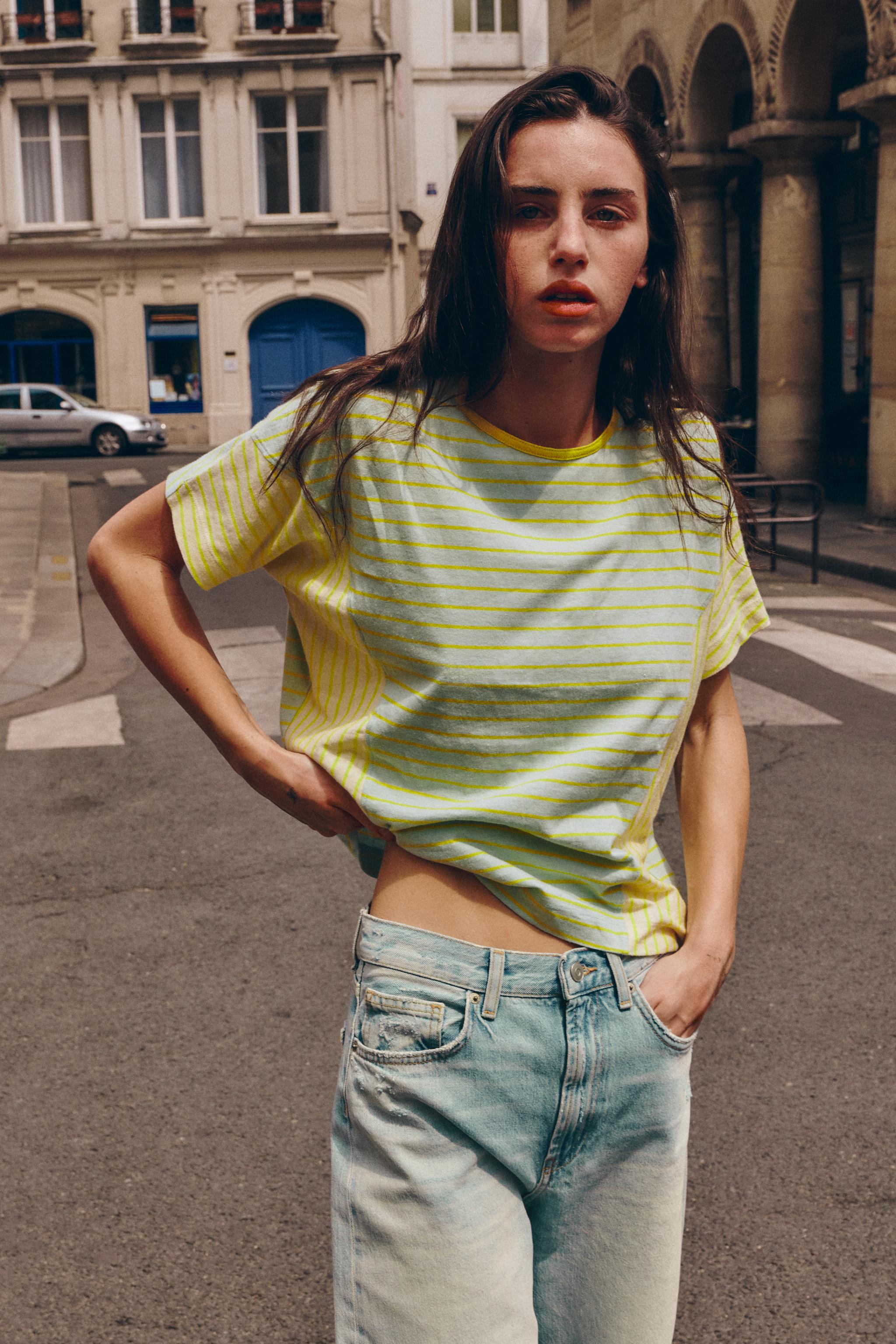 Футболка из смесового хлопка и льна в полоску — ZARA