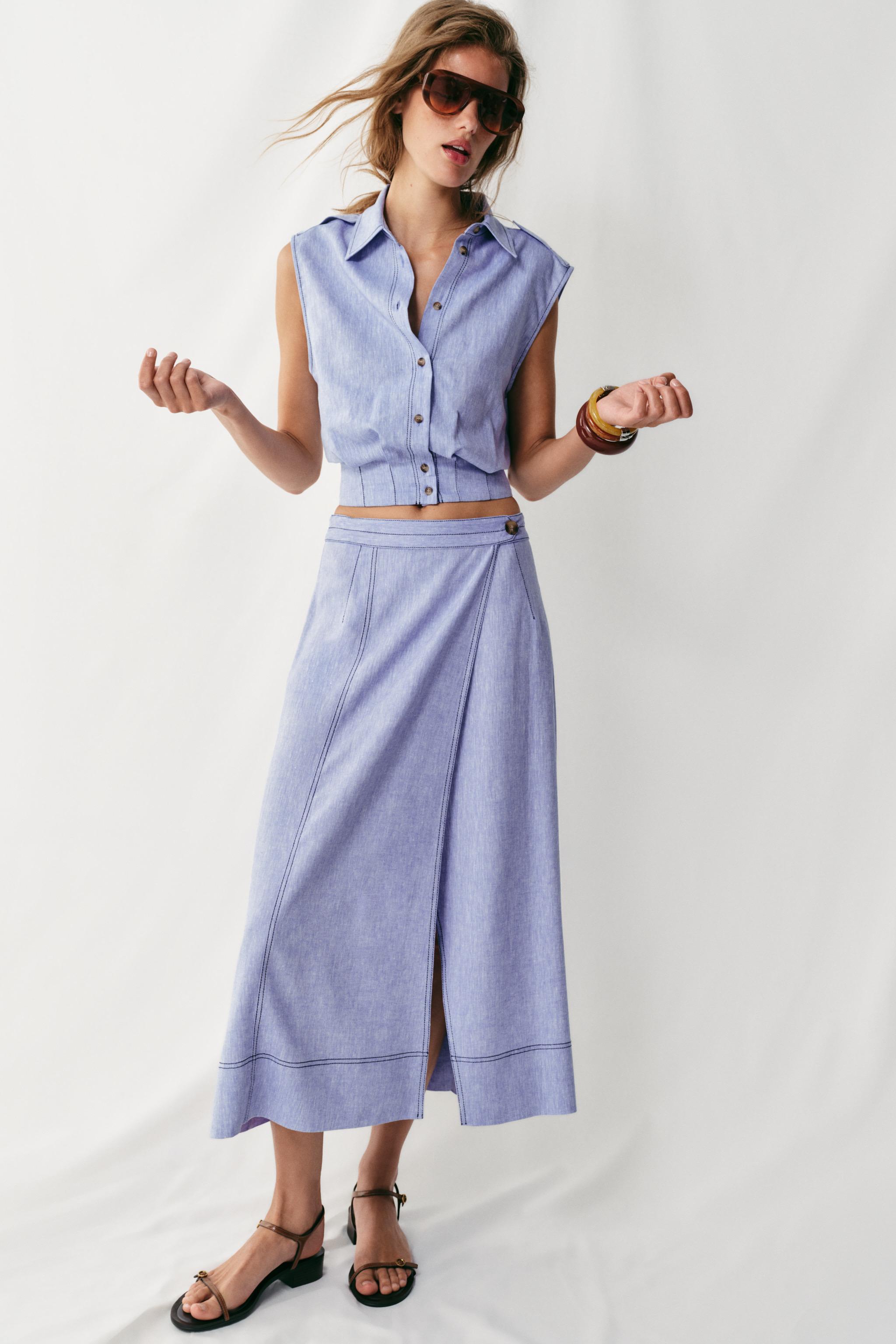 Топ из смесового льна с декоративной строчкой — ZARA