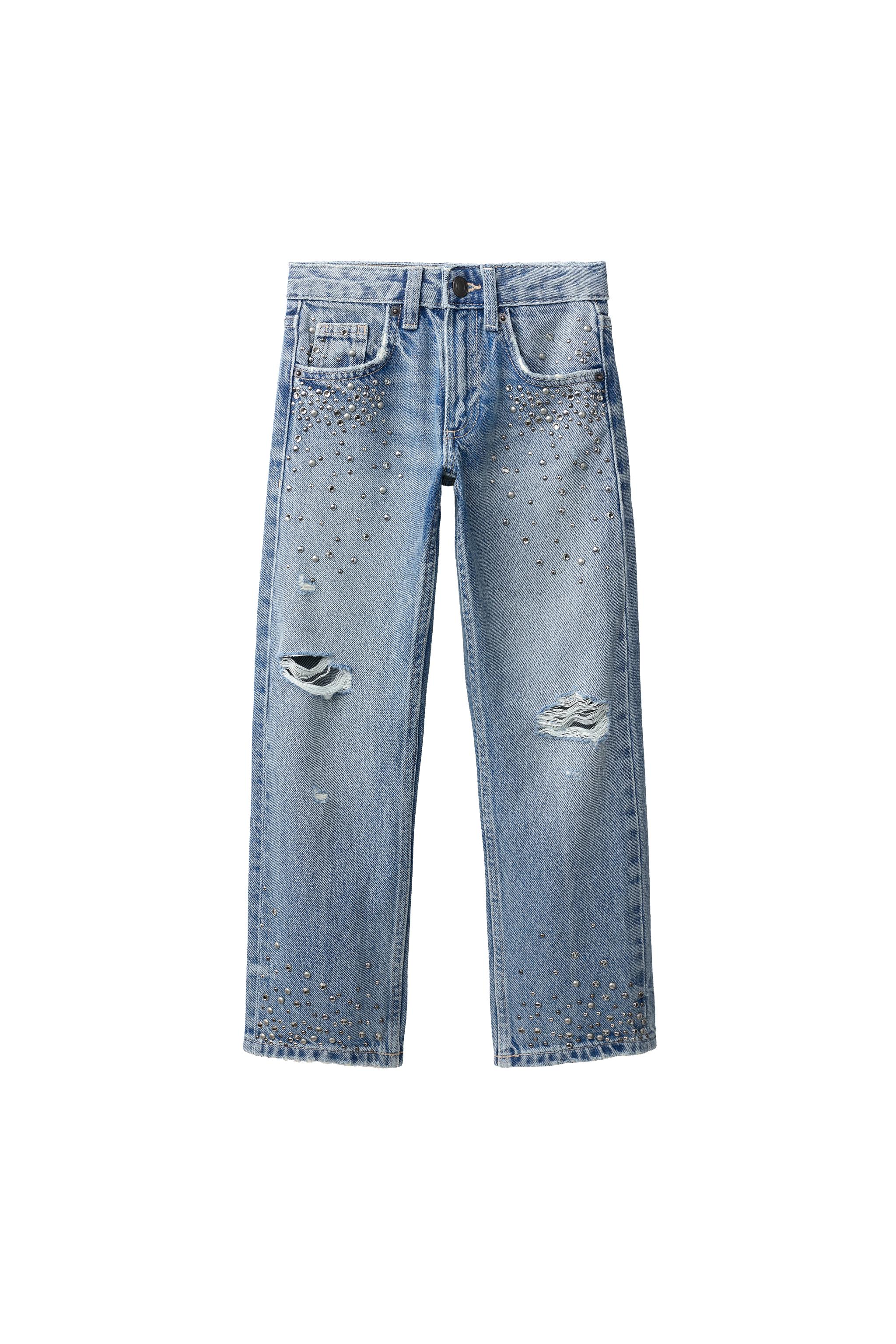 Прямые джинсы с потёртостями и заклёпками — ZARA