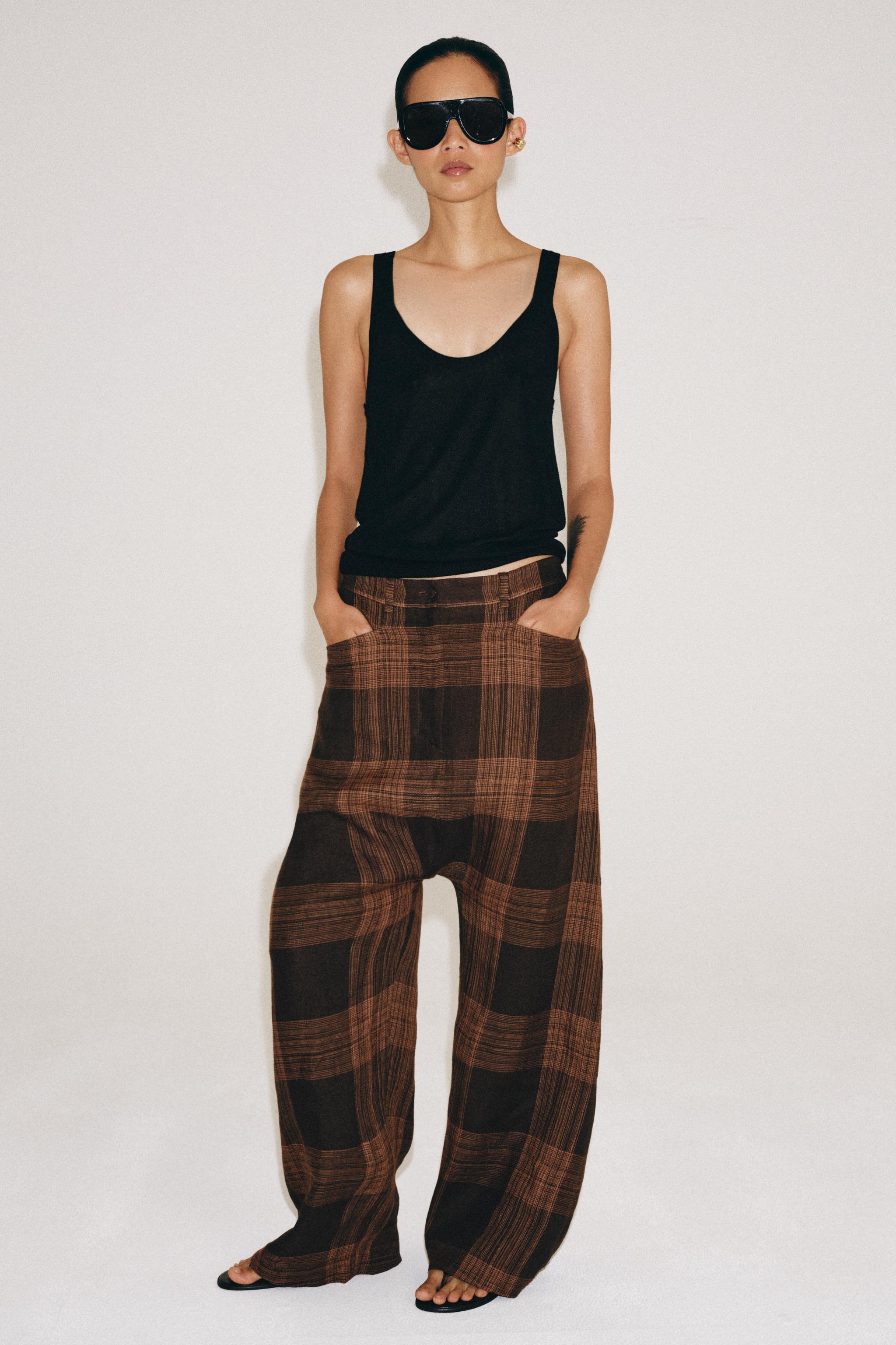Брюки ZW COLLECTION в клетку из льна — ZARA