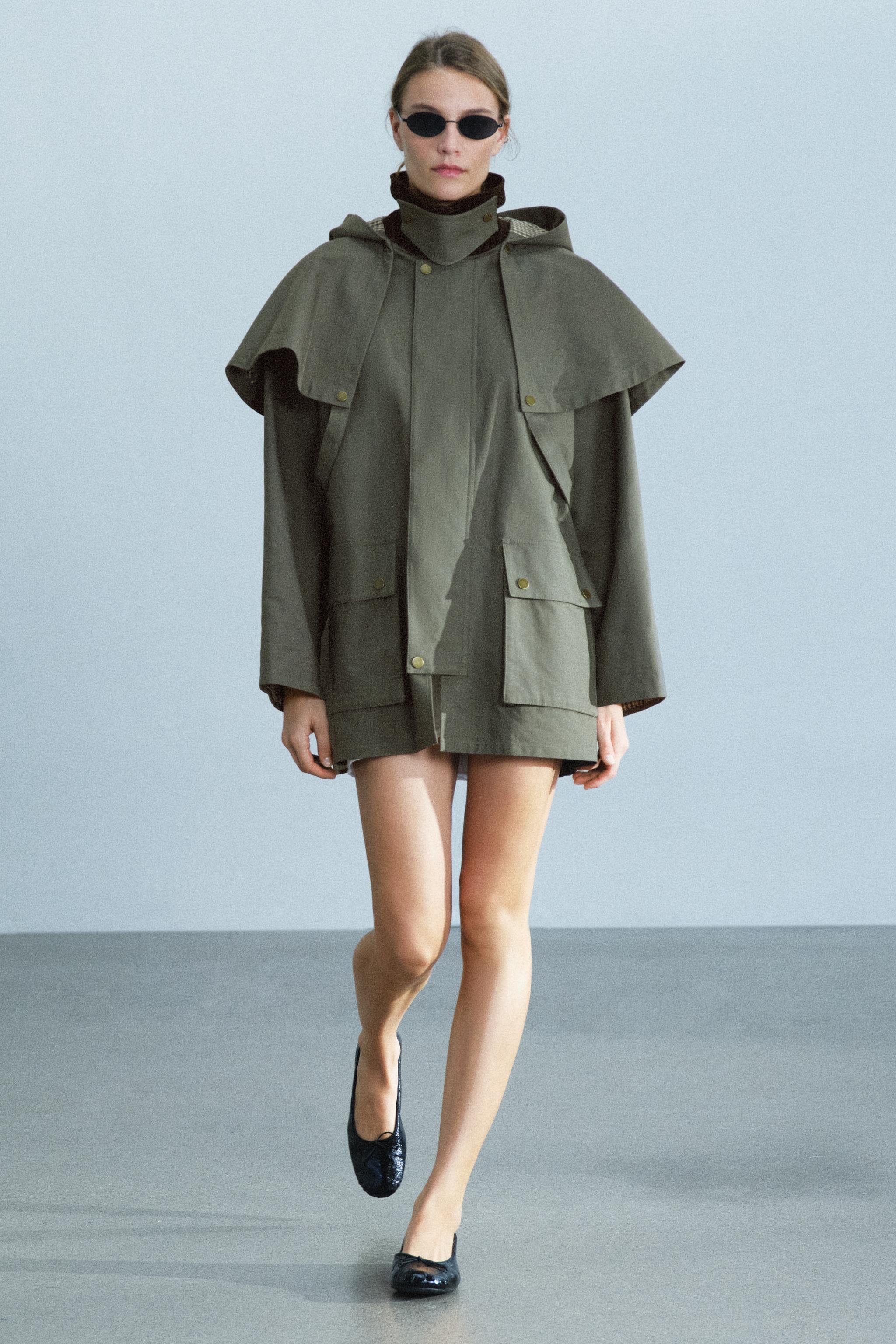 Тренч ZW COLLECTION с капюшоном и контрастным воротником — ZARA