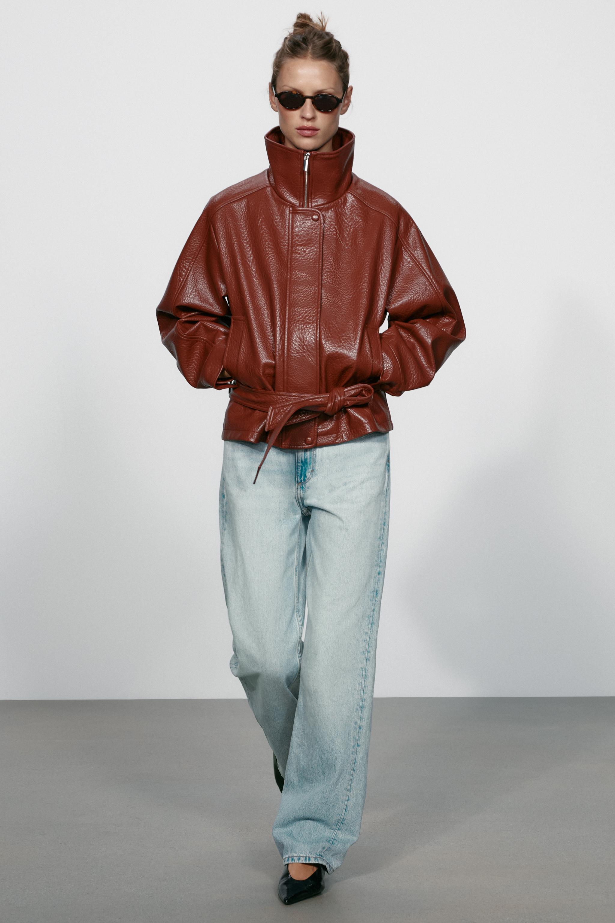 LEATHER EFFECT BELTED JACKET — ZARA