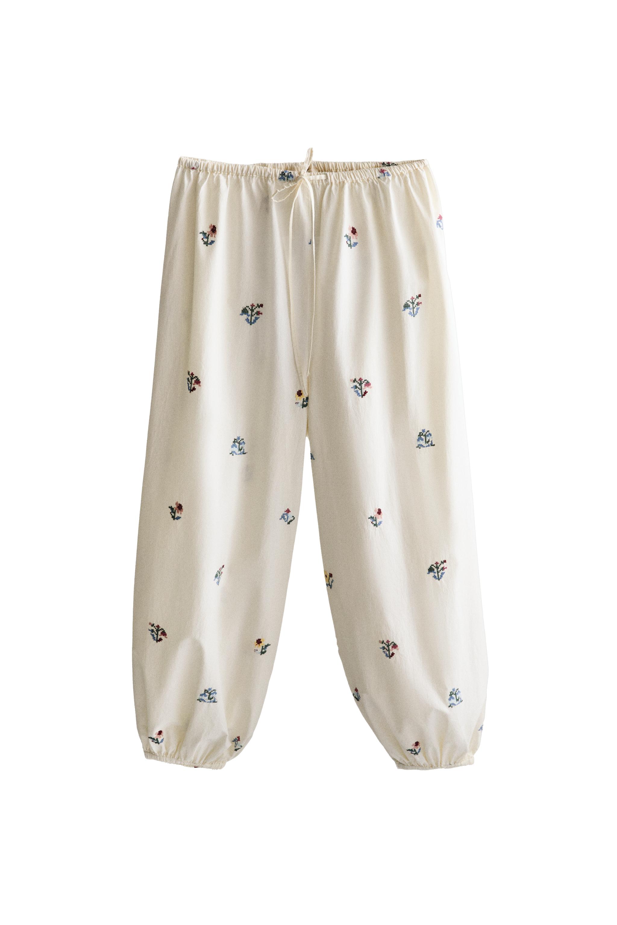 FLORAL EMBROIDERED PYJAMA TROUSERS — ZARA