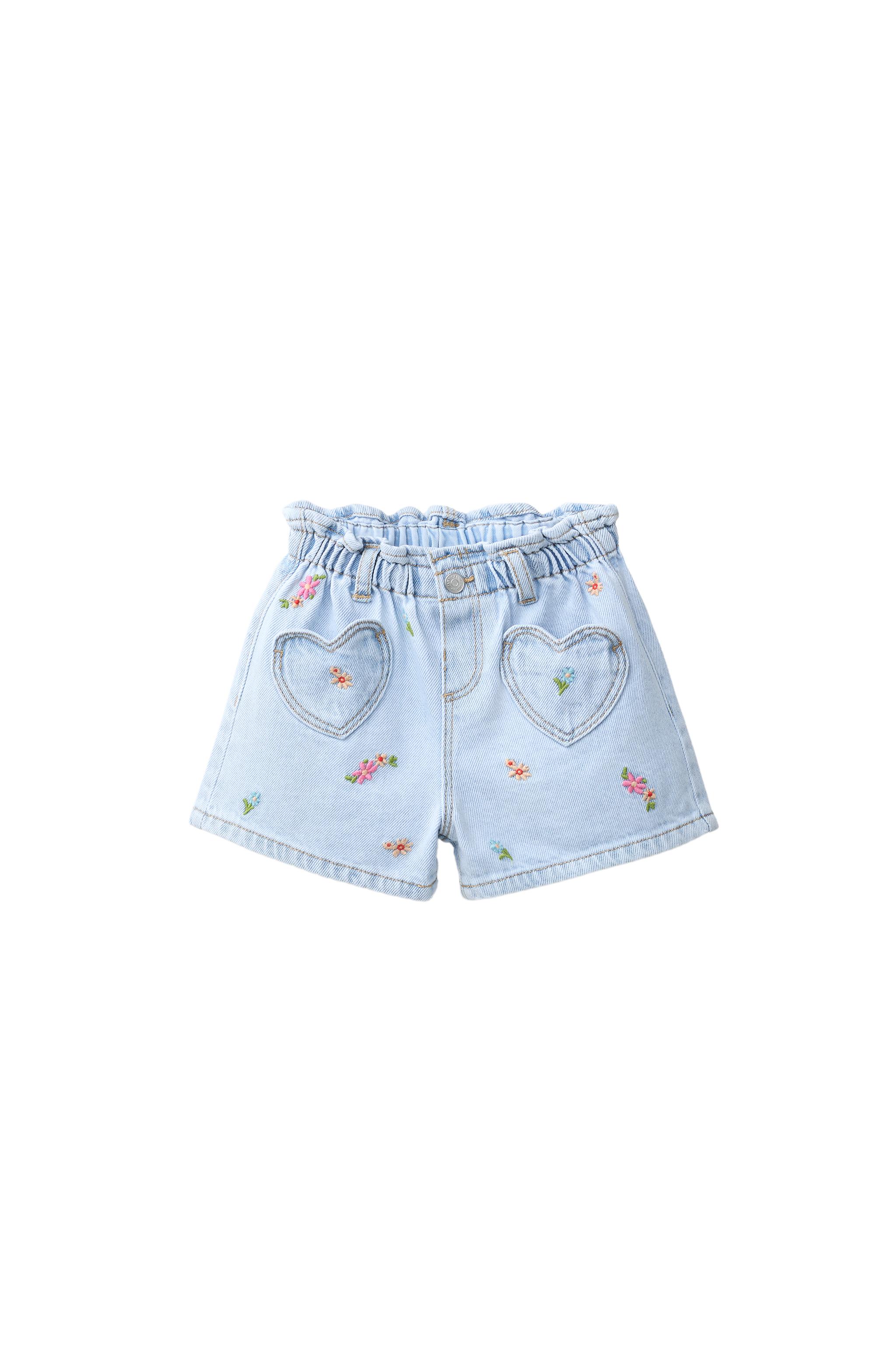 Джинсовые бермуды с поясом-баской и цветочной вышивкой — ZARA