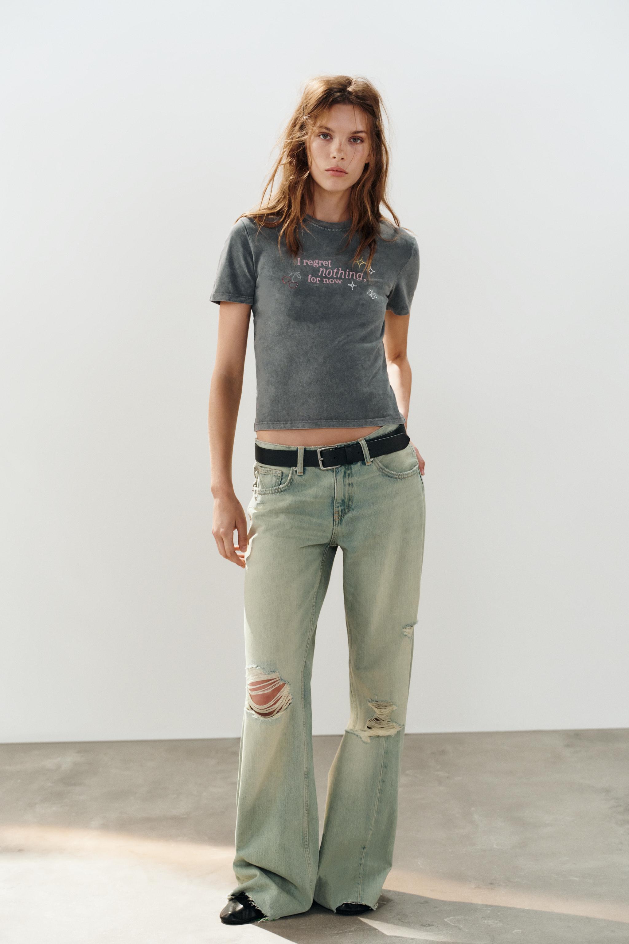 FADED EFFECT T-SHIRT WITH TEXT AND RHINESTONES — ZARA
