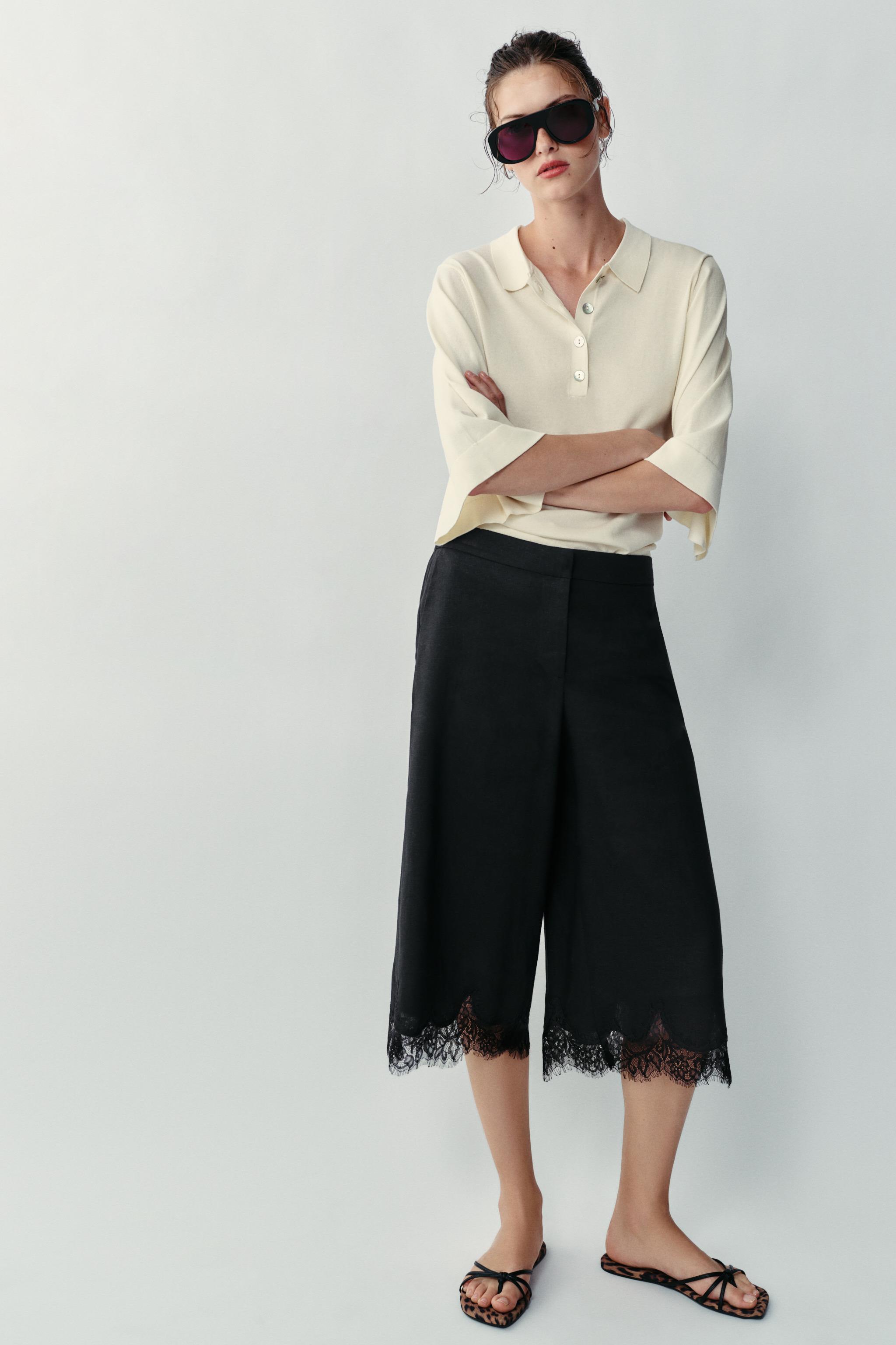 Бермуды длиной до колена из смесового льна с кружевной отделкой — ZARA