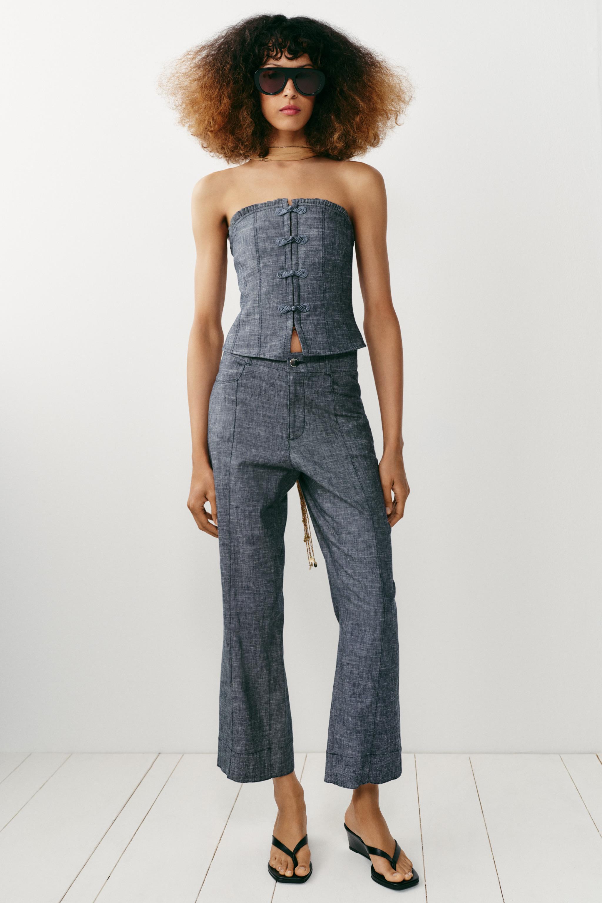 Укороченный топ из смесового льна с застёжкой-лягушкой — ZARA