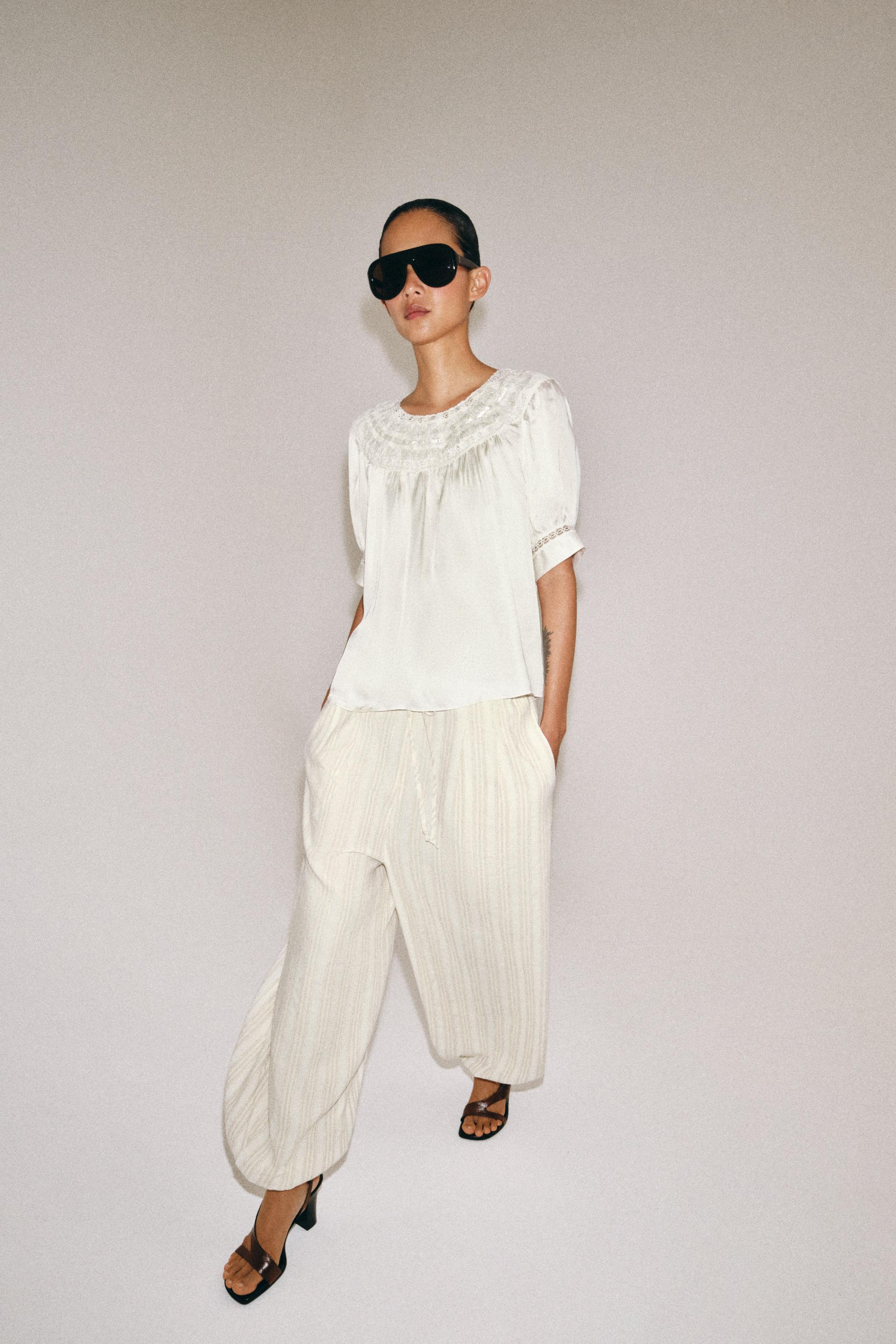 Блуза ZW COLLECTION с коротким рукавом и кружевной отделкой — ZARA