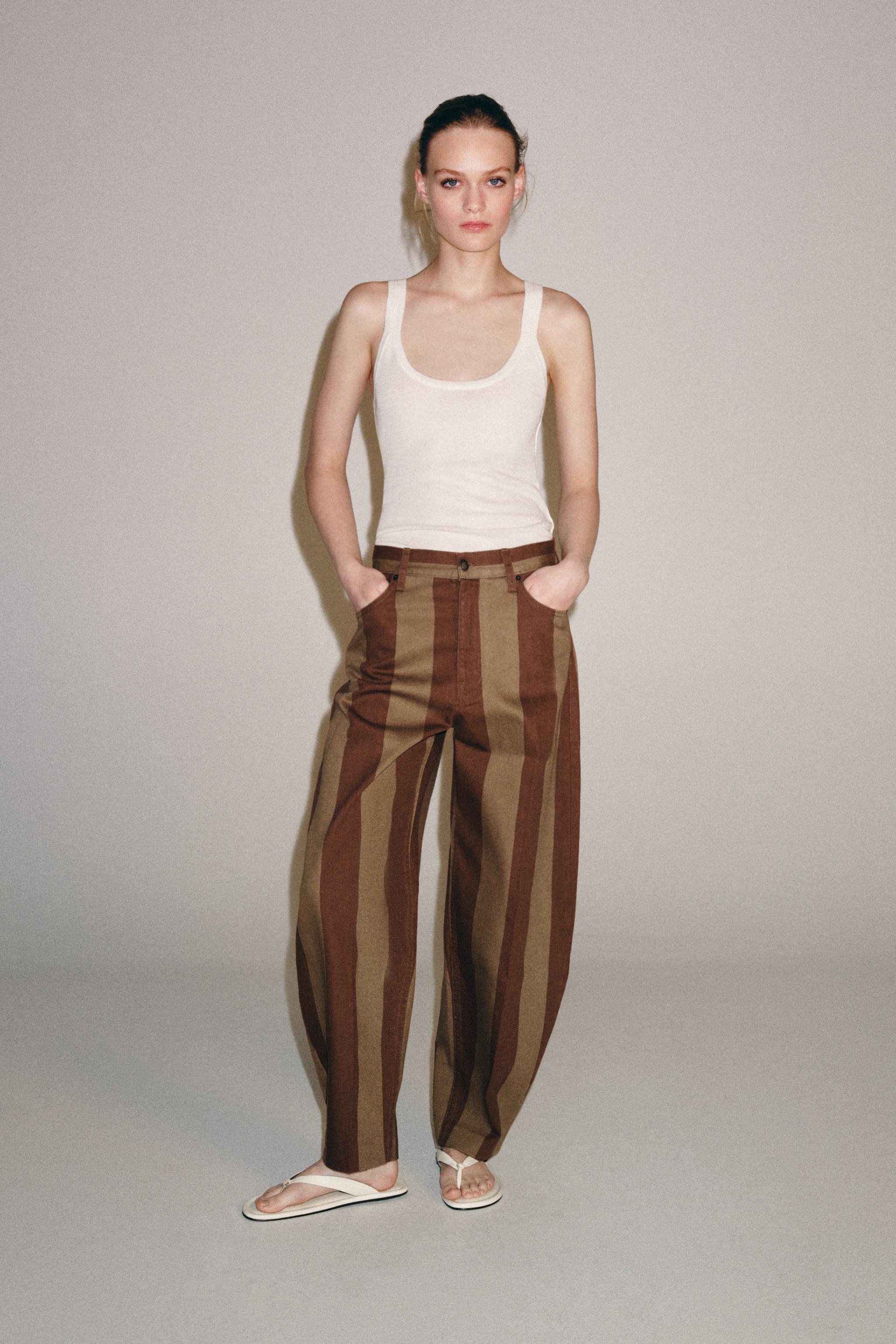 Джинсы ZW COLLECTION с высокой посадкой зауженного кроя в полоску — ZARA