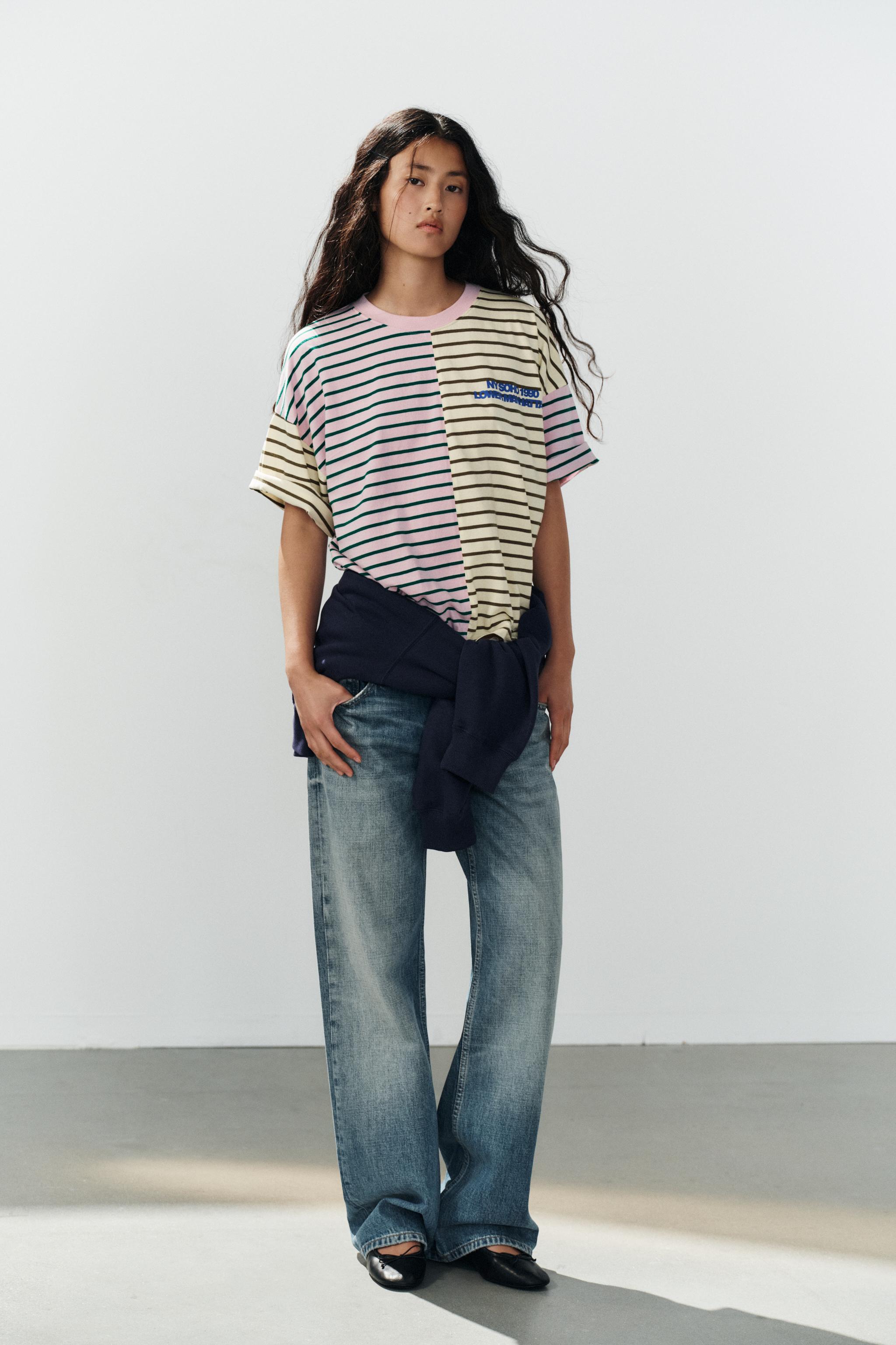 ФУТБОЛКА ОВЕРСАЙЗ В ПОЛОСКУ С НАДПИСЬЮ — ZARA