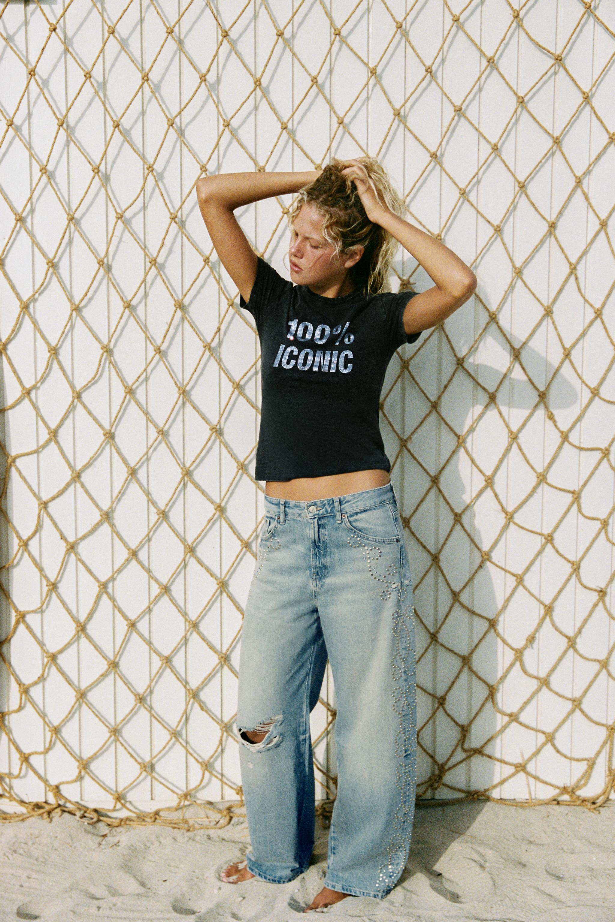 TRF широкие джинсы с прямыми штанинами с потёртостями и заклёпками — ZARA