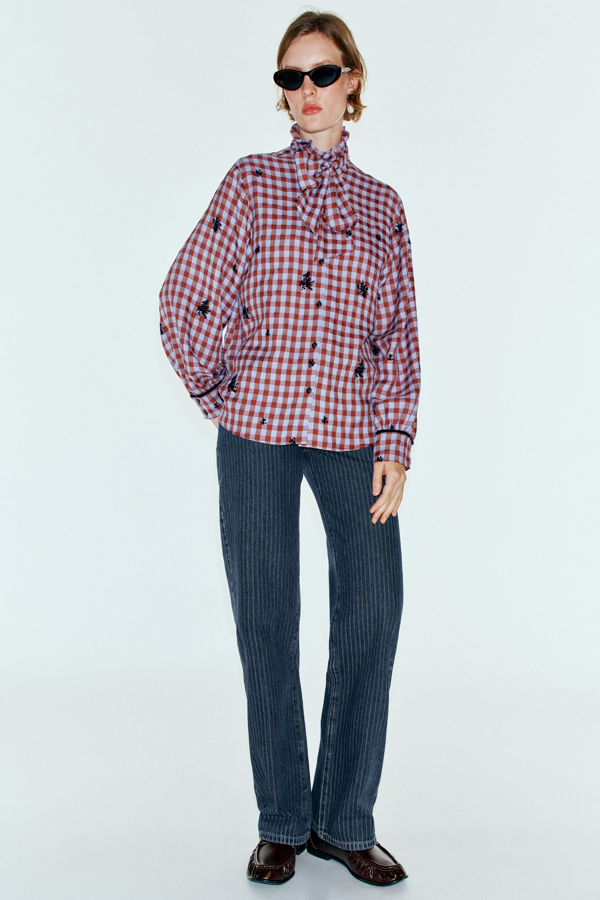 РУБАШКА В КЛЕТКУ С БАНТОМ И БАРХАТНЫМИ ДЕТАЛЯМИ — ZARA